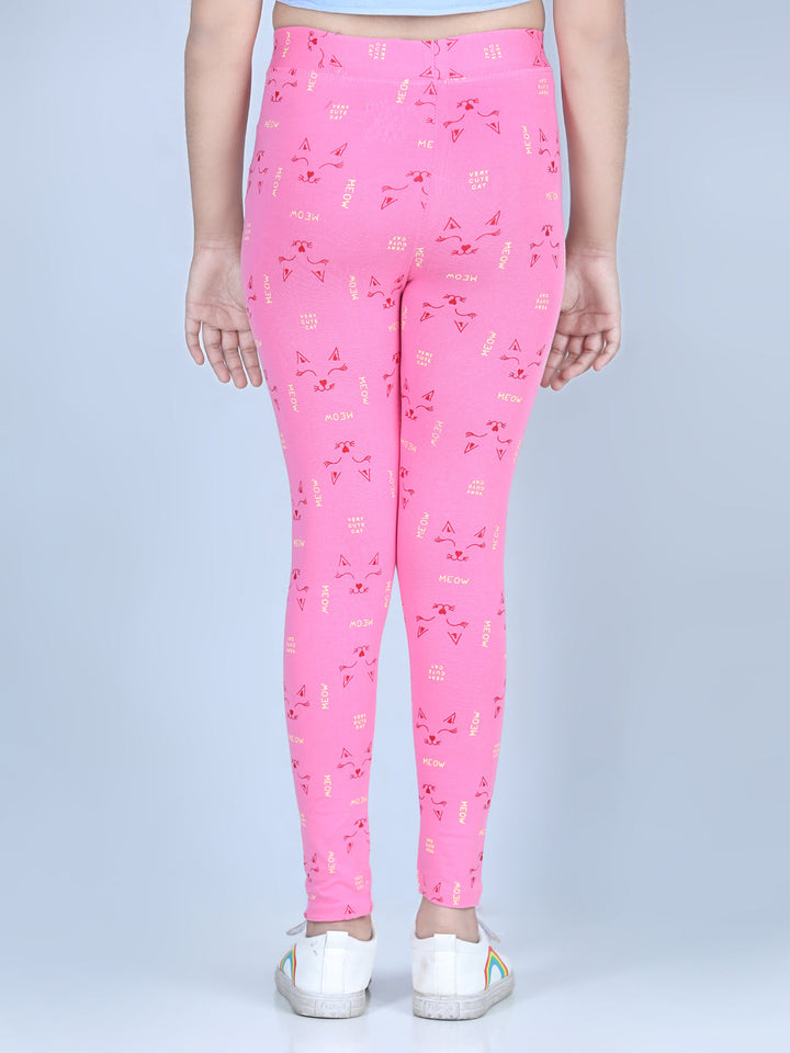 Girls Pink Cotton Lycra Meow Printed Leggings
