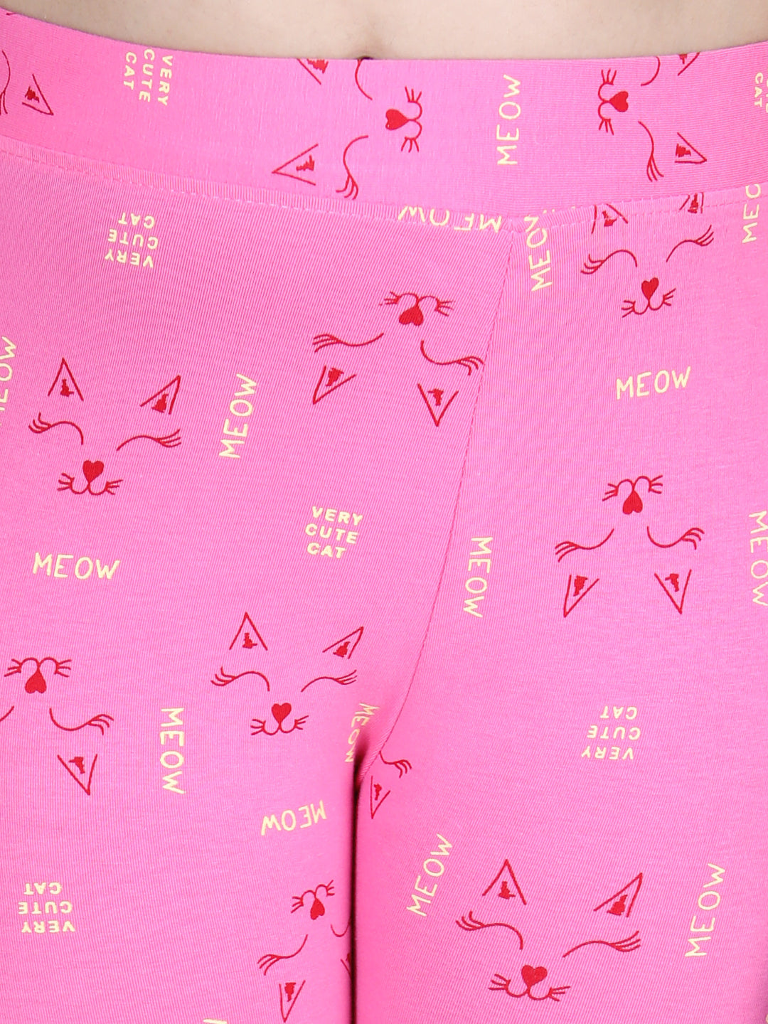 Girls Pink Cotton Lycra Meow Printed Leggings