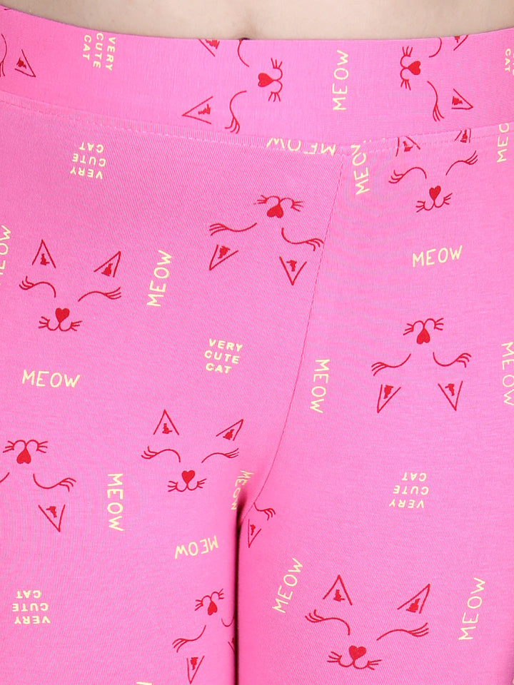 Girls Pink Cotton Lycra Meow Printed Leggings