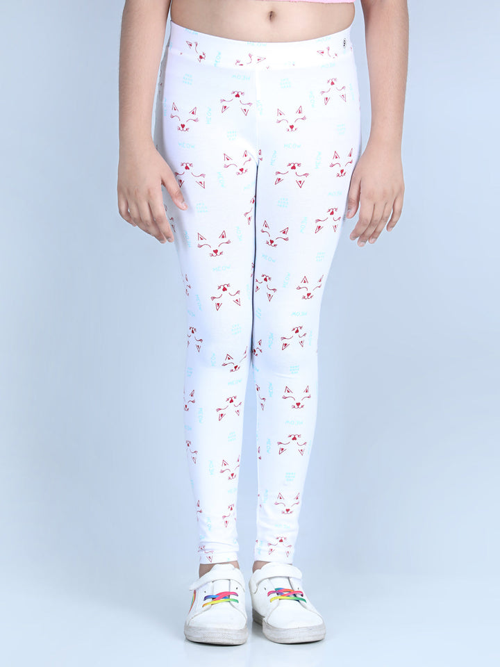 Girls White Cotton Lycra Meow Printed Leggings
