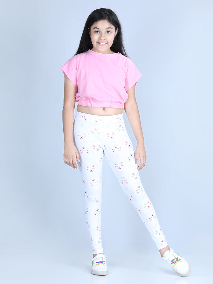 Girls White Cotton Lycra Meow Printed Leggings