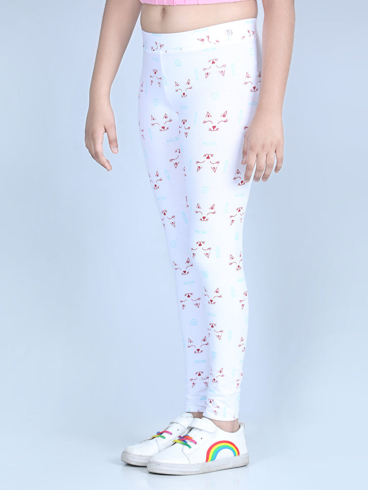 Girls White Cotton Lycra Meow Printed Leggings