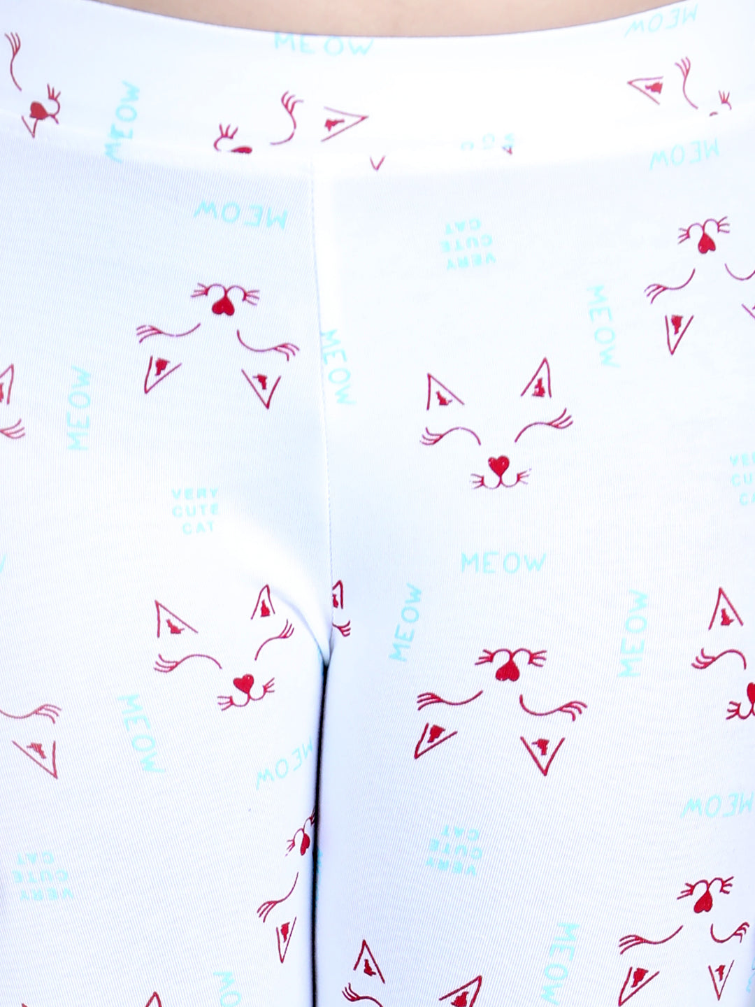 Girls White Cotton Lycra Meow Printed Leggings
