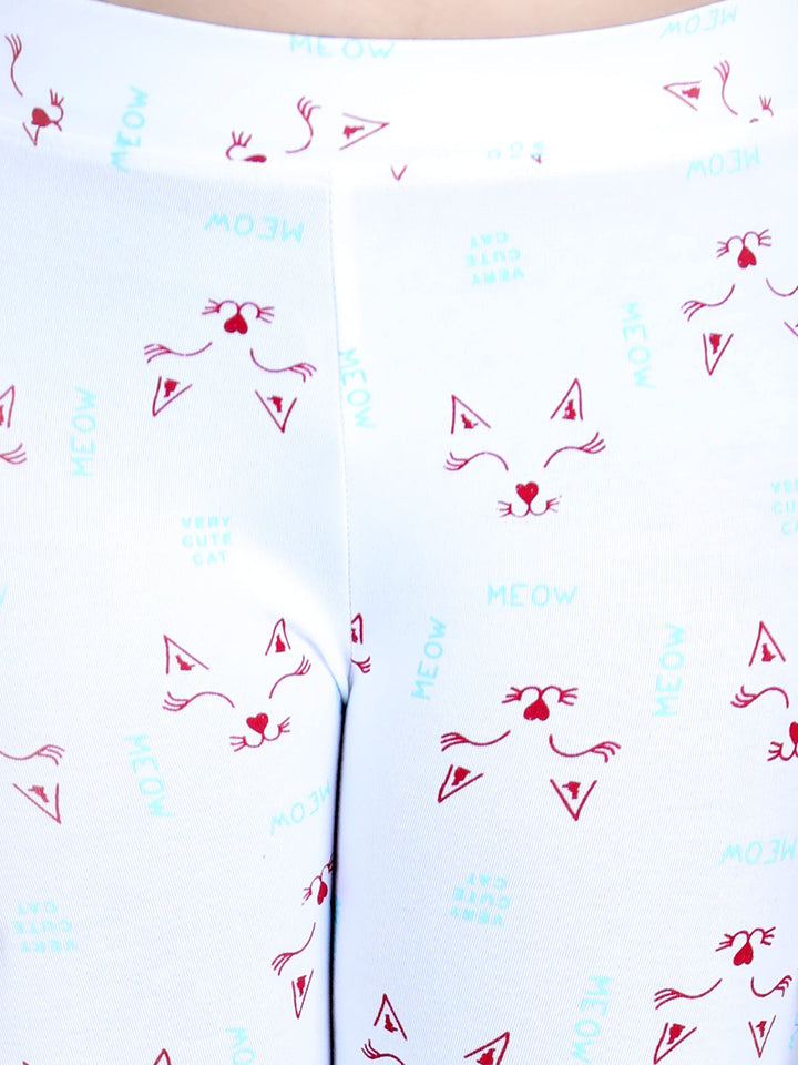 Girls White Cotton Lycra Meow Printed Leggings
