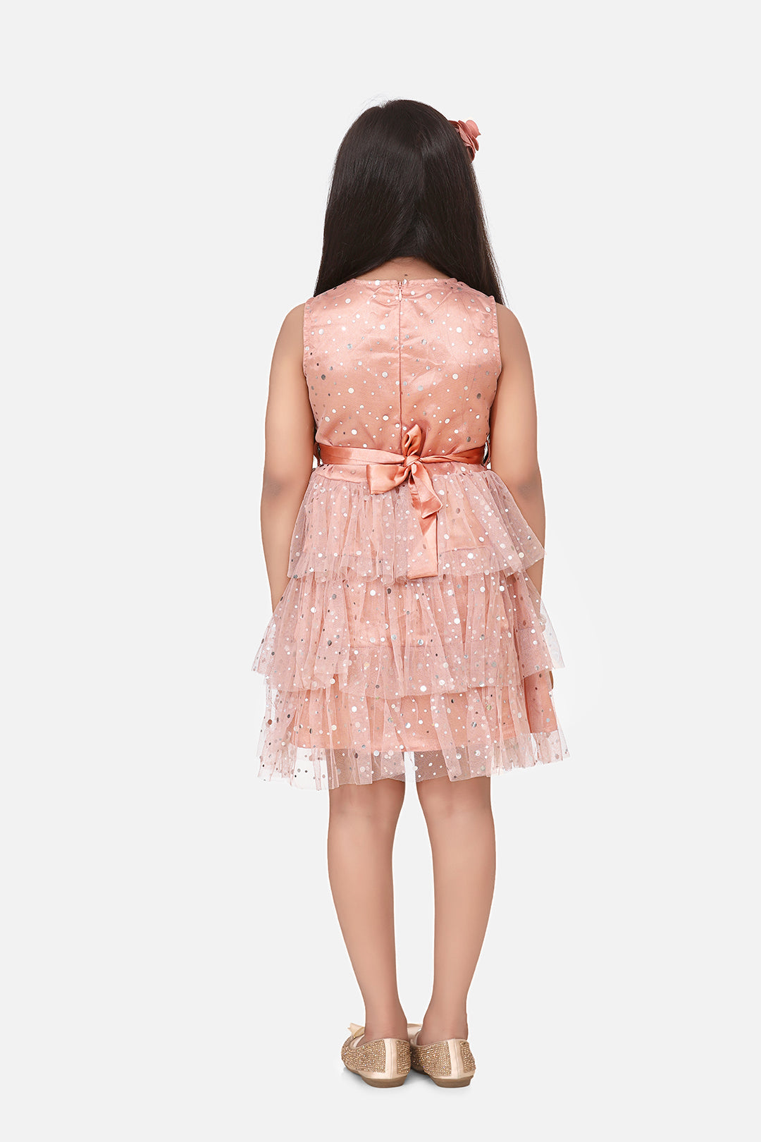 Girls Beige Net Embellished Party Dress