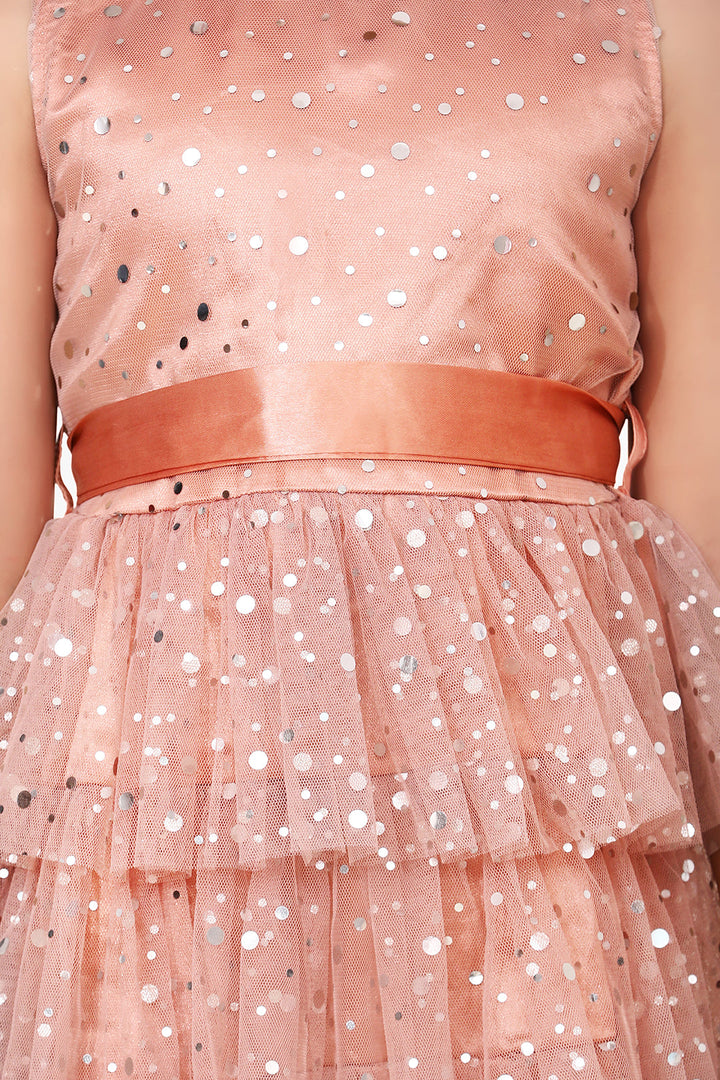 Girls Beige Net Embellished Party Dress