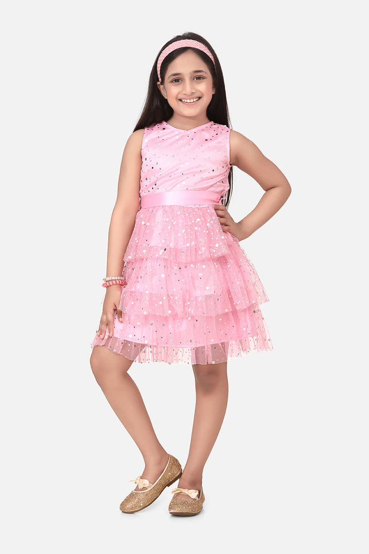 Girls Pink Net Embellished Party Dress