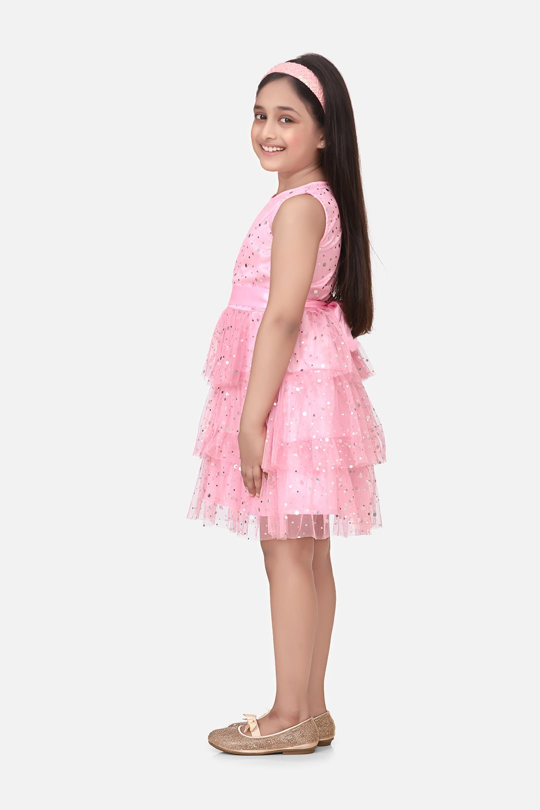 Girls Pink Net Embellished Party Dress