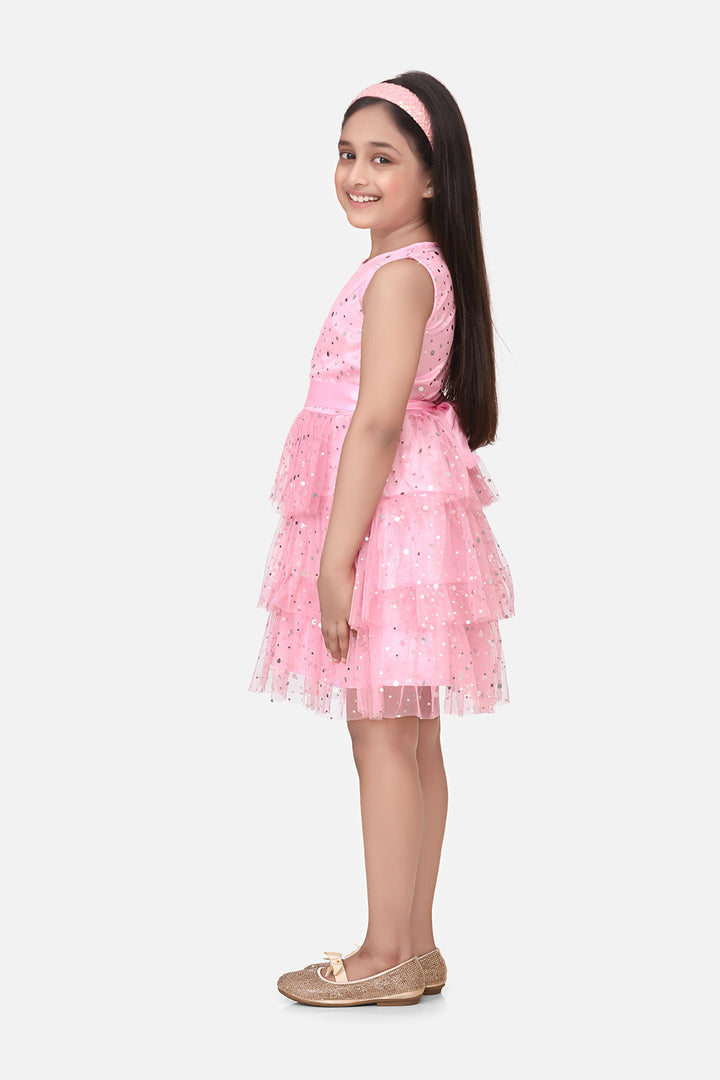 Girls Pink Net Embellished Party Dress