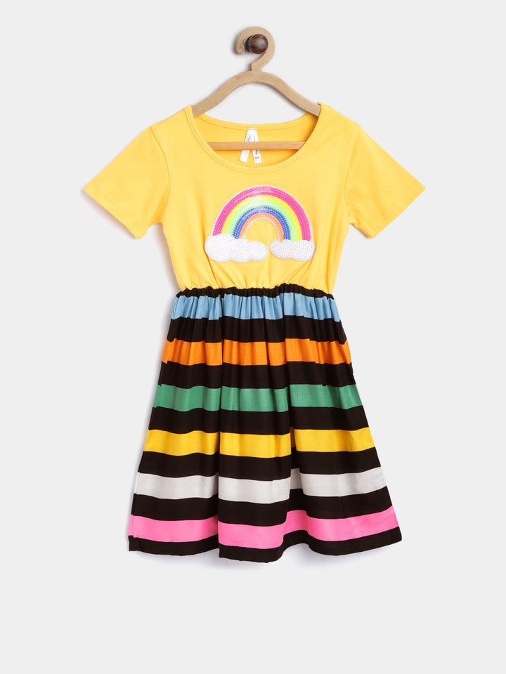 Girls Multicolor Cotton Stripe Printed Dress