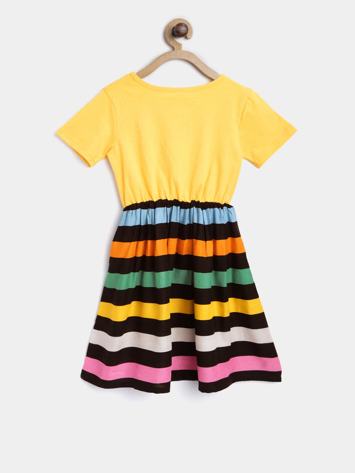 Girls Multicolor Cotton Stripe Printed Dress