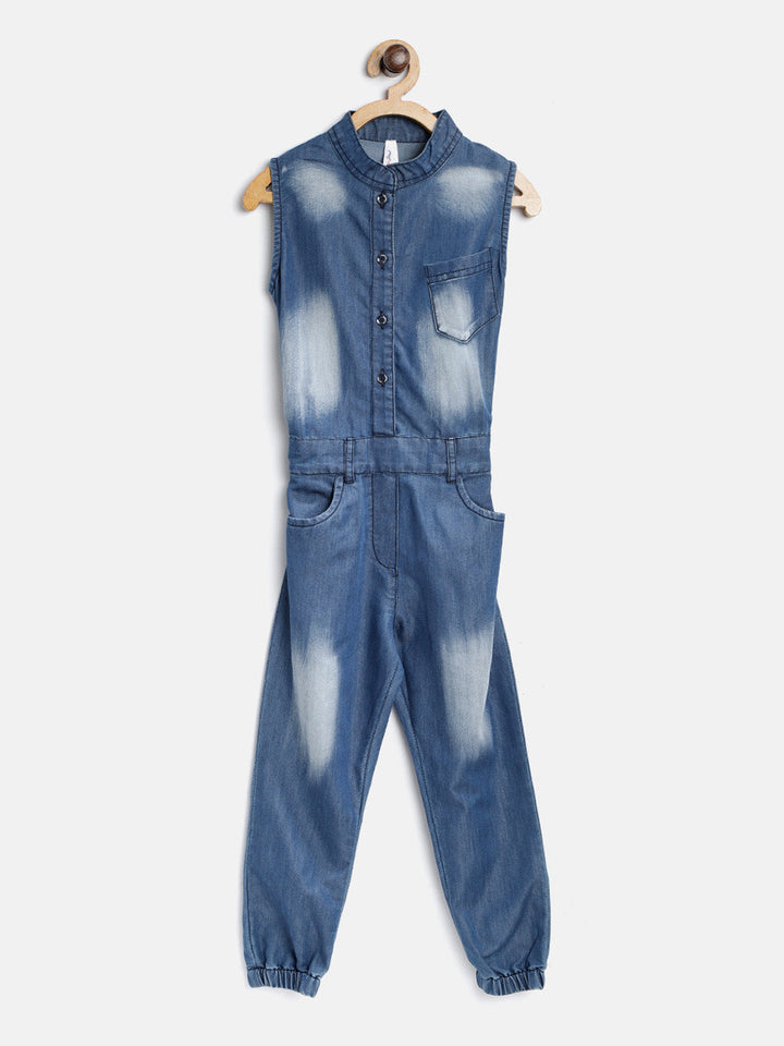 Girls Navy Blue Faded Denim Sleeveless Jumpsuit