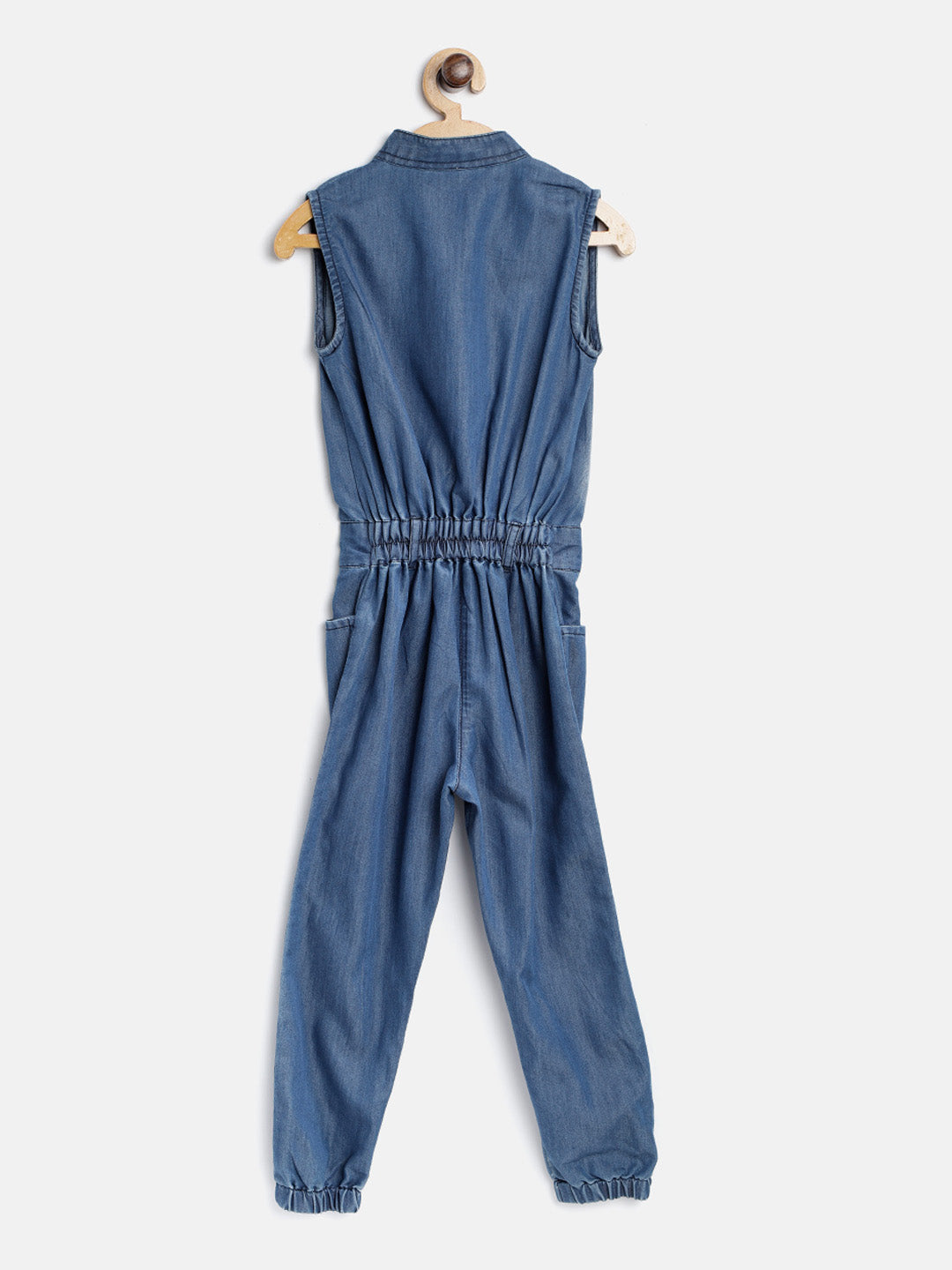 Girls Navy Blue Faded Denim Sleeveless Jumpsuit