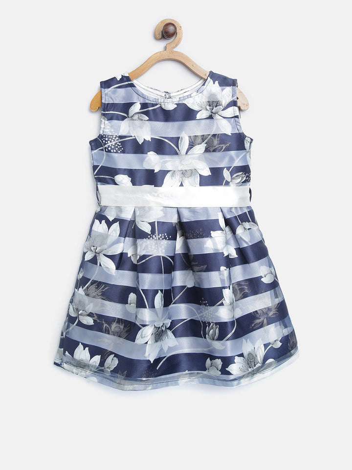 Girls Navy Blue Polyester Sheer Stripe Floral Dress