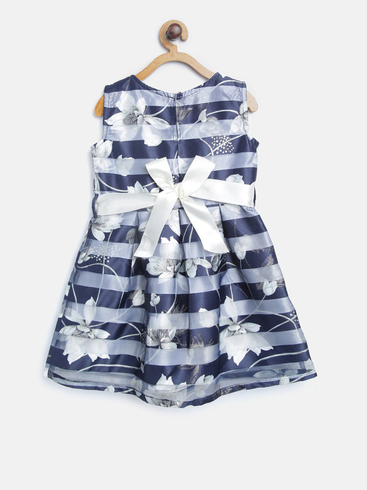Girls Navy Blue Polyester Sheer Stripe Floral Dress