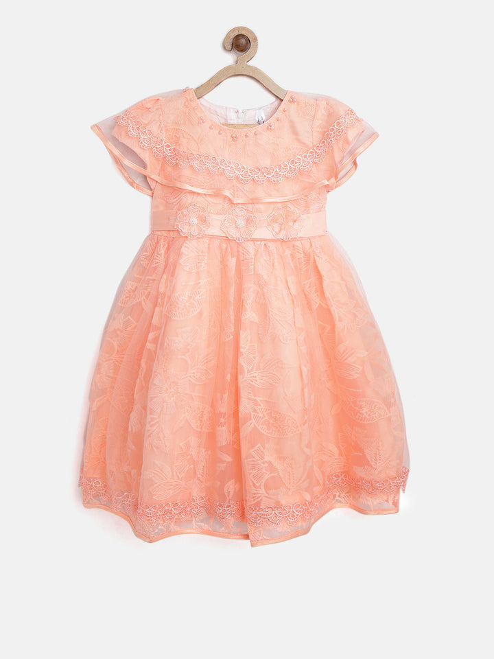 Girls Orange Peach Polyester Roses Embellished Dress