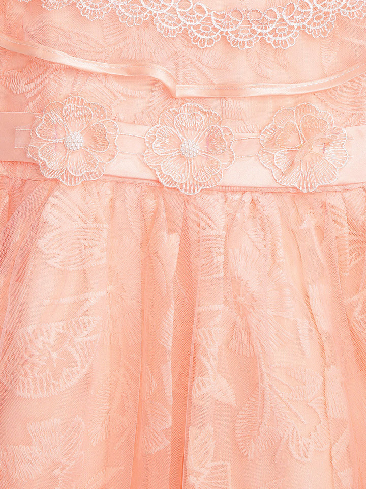 Girls Orange Peach Polyester Roses Embellished Dress