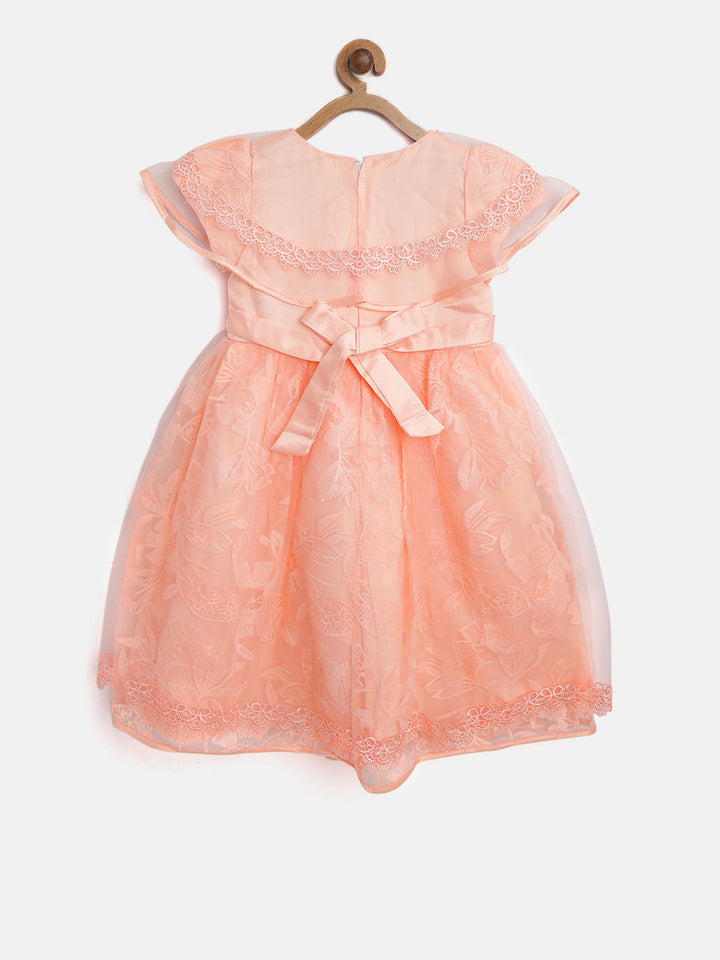 Girls Orange Peach Polyester Roses Embellished Dress