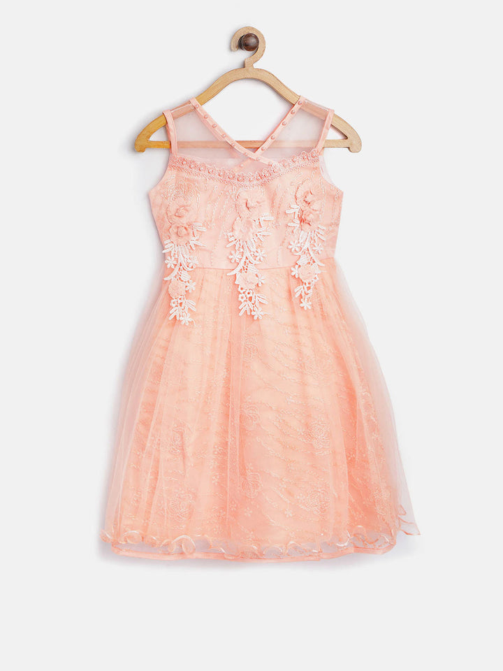 Girls Orange Polyester Flowers And Pearls Party Dress