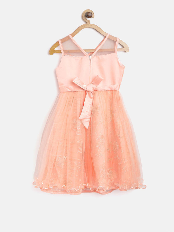 Girls Orange Polyester Flowers And Pearls Party Dress