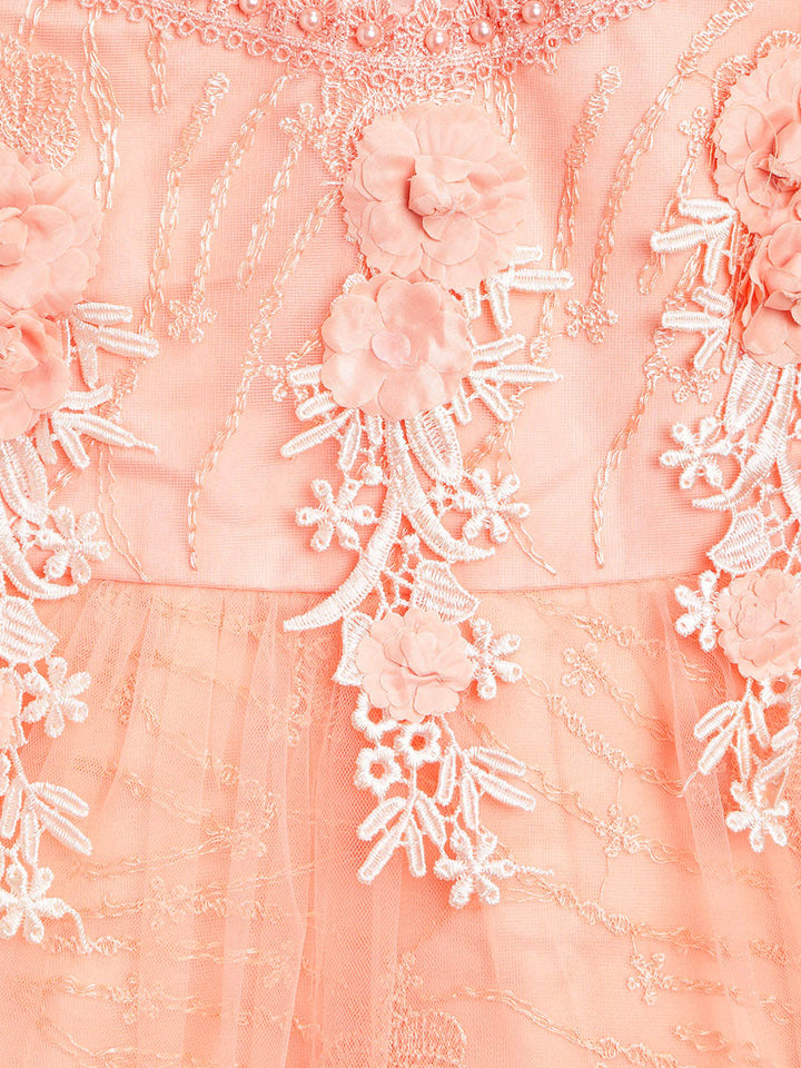 Girls Orange Polyester Flowers And Pearls Party Dress