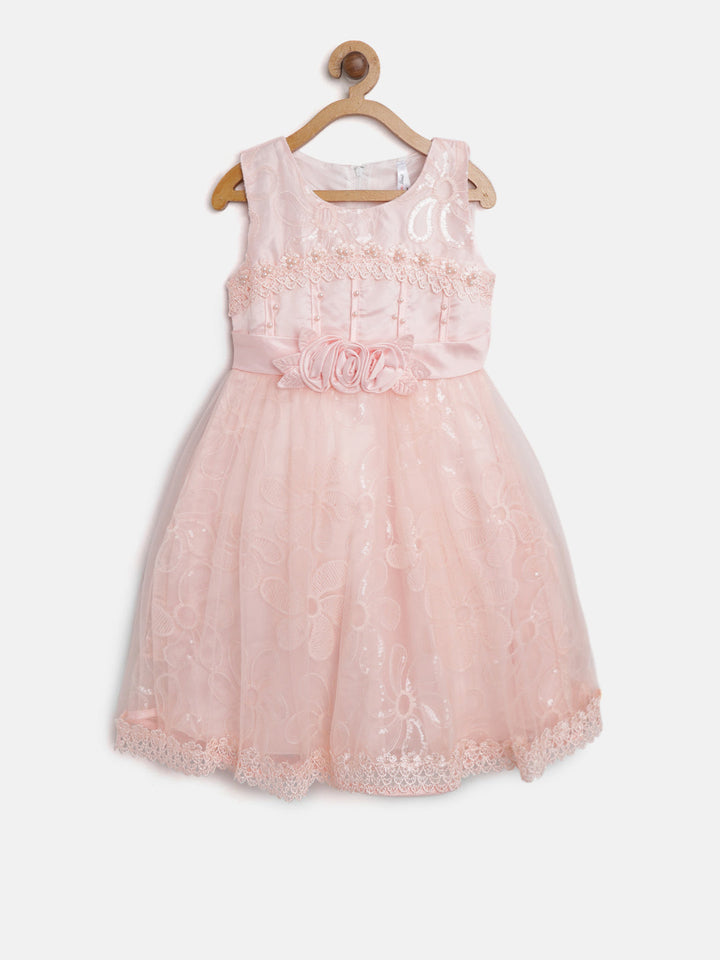 Girls Peach Polyester Pearls And Roses Embellished Dress