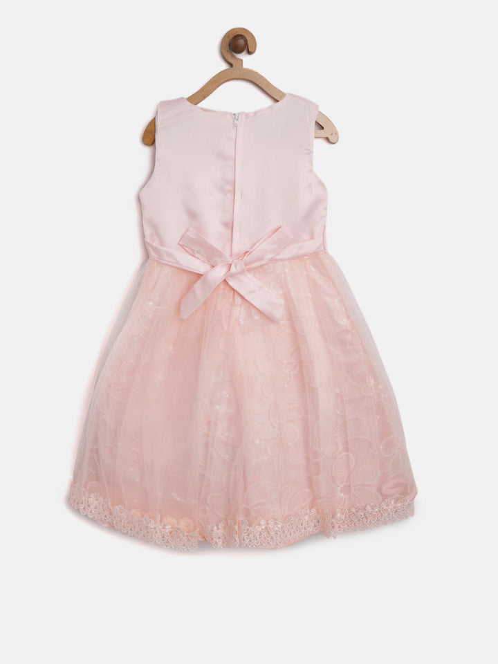 Girls Peach Polyester Pearls And Roses Embellished Dress