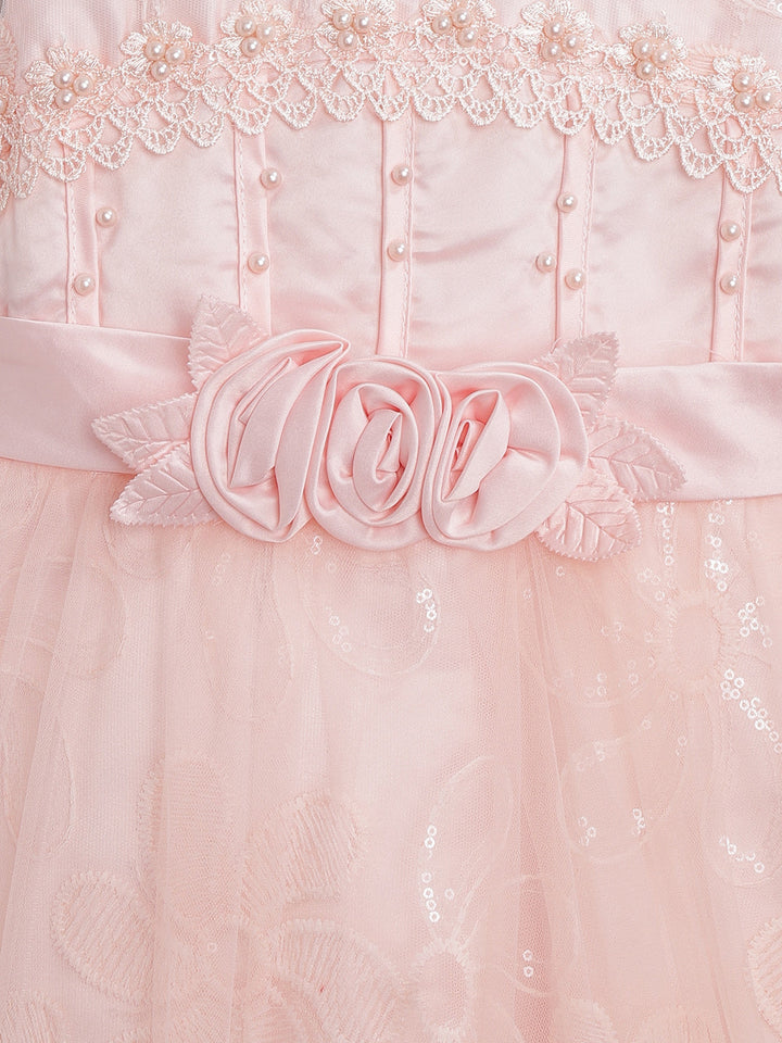 Girls Peach Polyester Pearls And Roses Embellished Dress