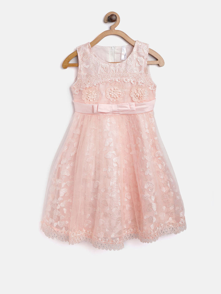 Girls Peach Polyester Embroidered Dress