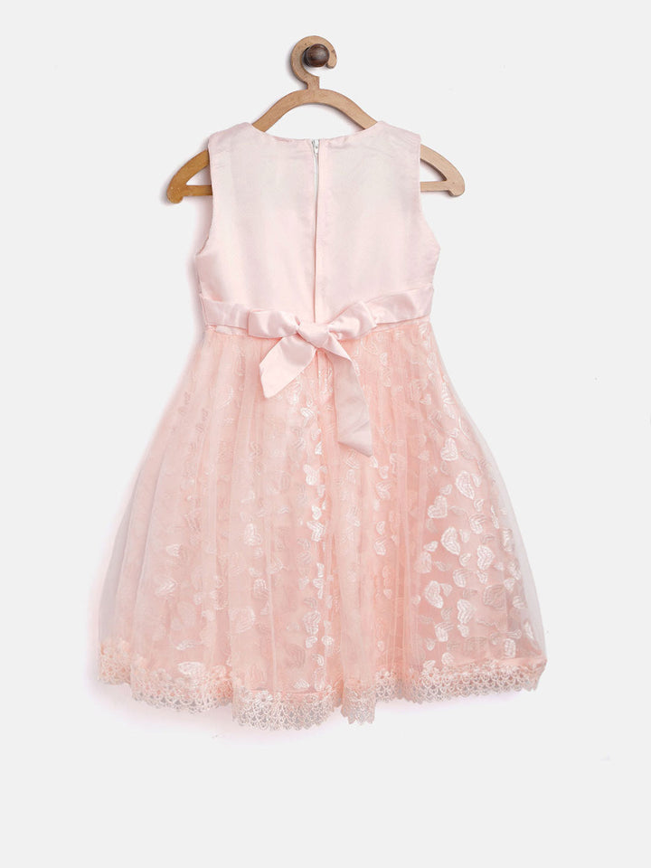 Girls Peach Polyester Embroidered Dress