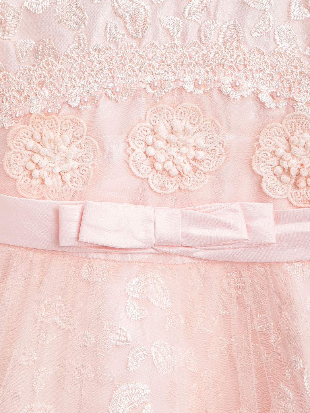 Girls Peach Polyester Embroidered Dress