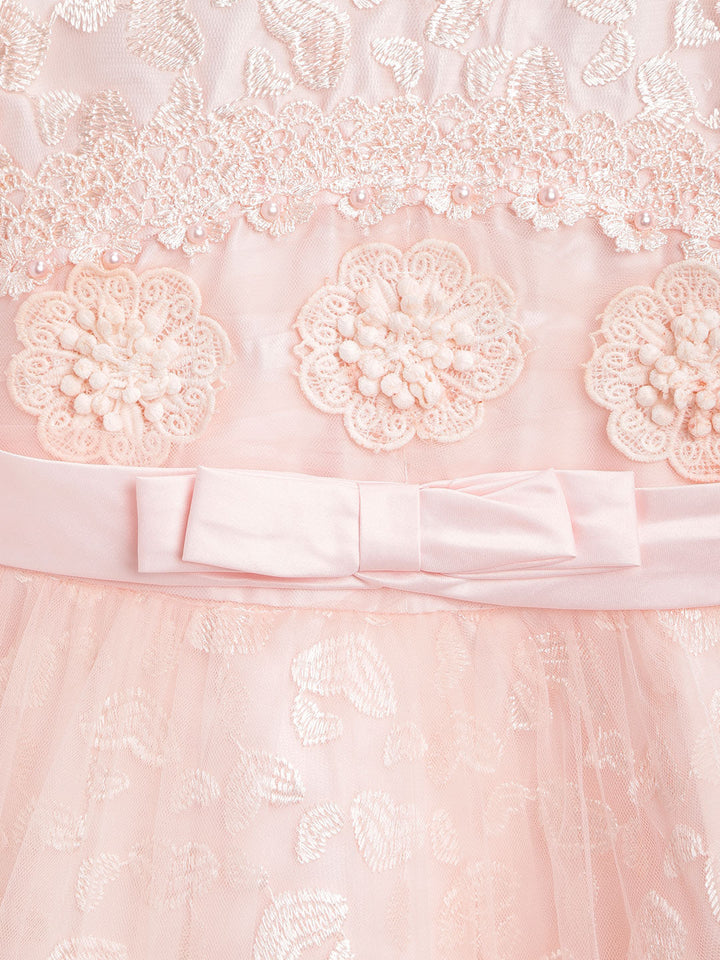 Girls Peach Polyester Embroidered Dress
