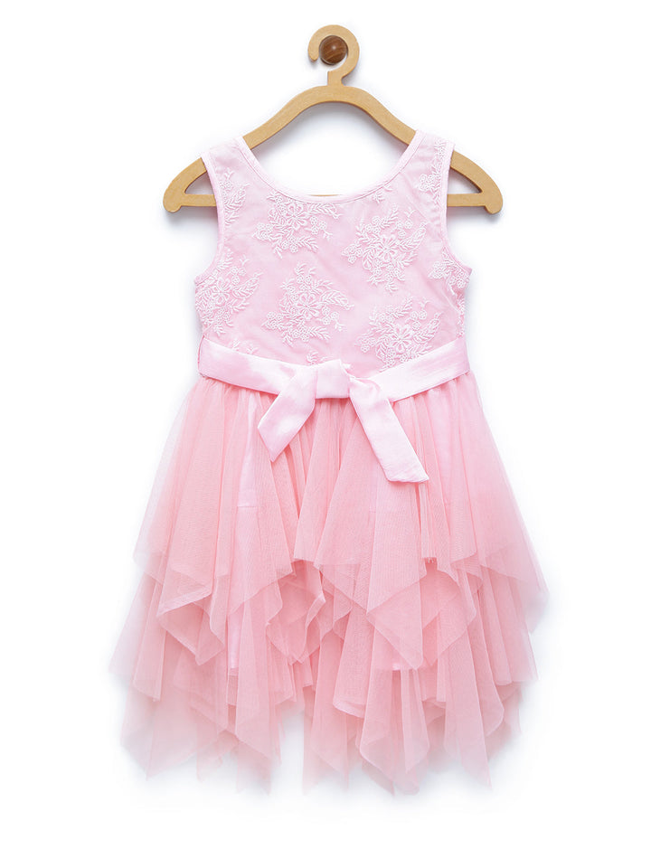 Girls Pink Polyster Asymmetrical Hemline Net Tiered Dress