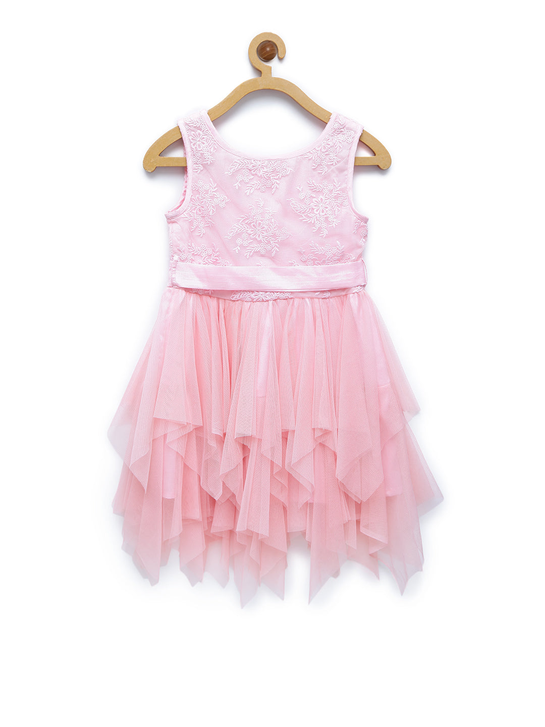 Girls Pink Polyster Asymmetrical Hemline Net Tiered Dress