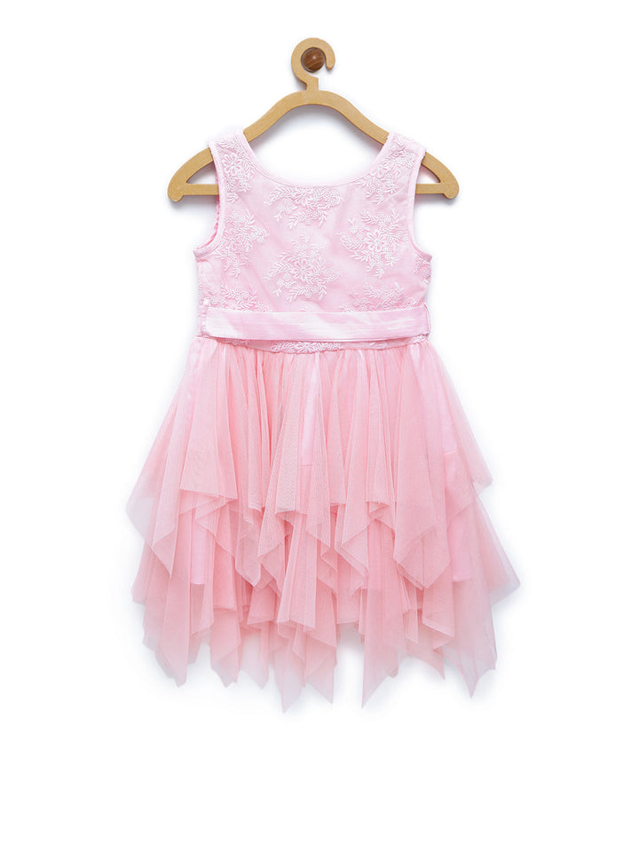 Girls Pink Polyster Asymmetrical Hemline Net Tiered Dress