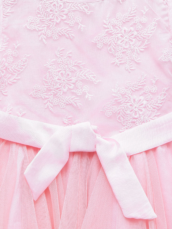 Girls Pink Polyster Asymmetrical Hemline Net Tiered Dress