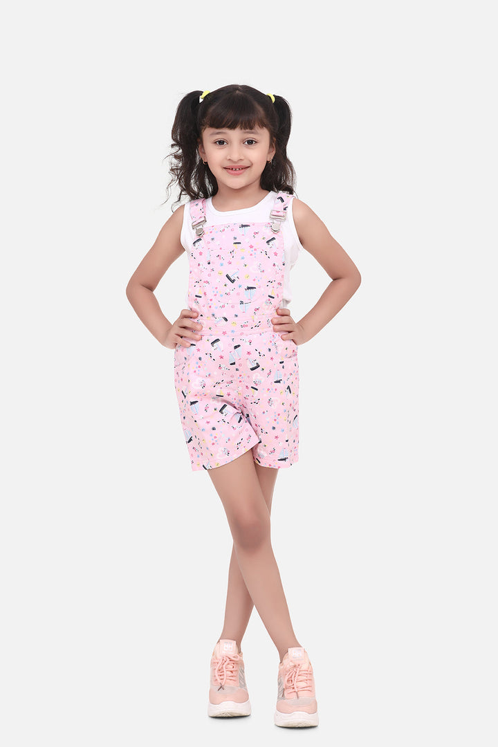 Girls Pink Cotton Boat Print Dungaree Shorts