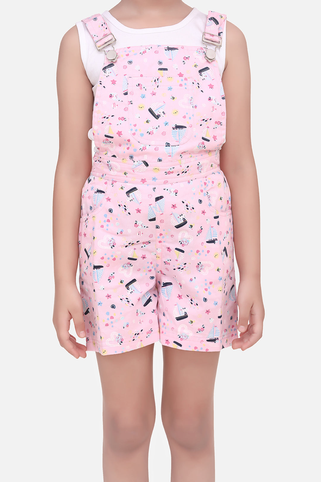 Girls Pink Cotton Boat Print Dungaree Shorts