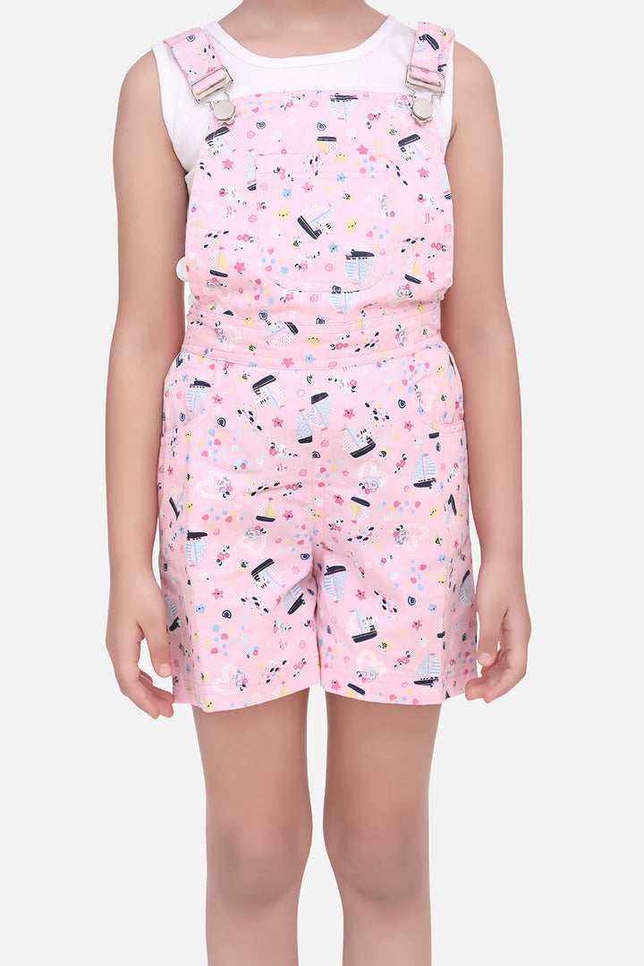Girls Pink Cotton Boat Print Dungaree Shorts