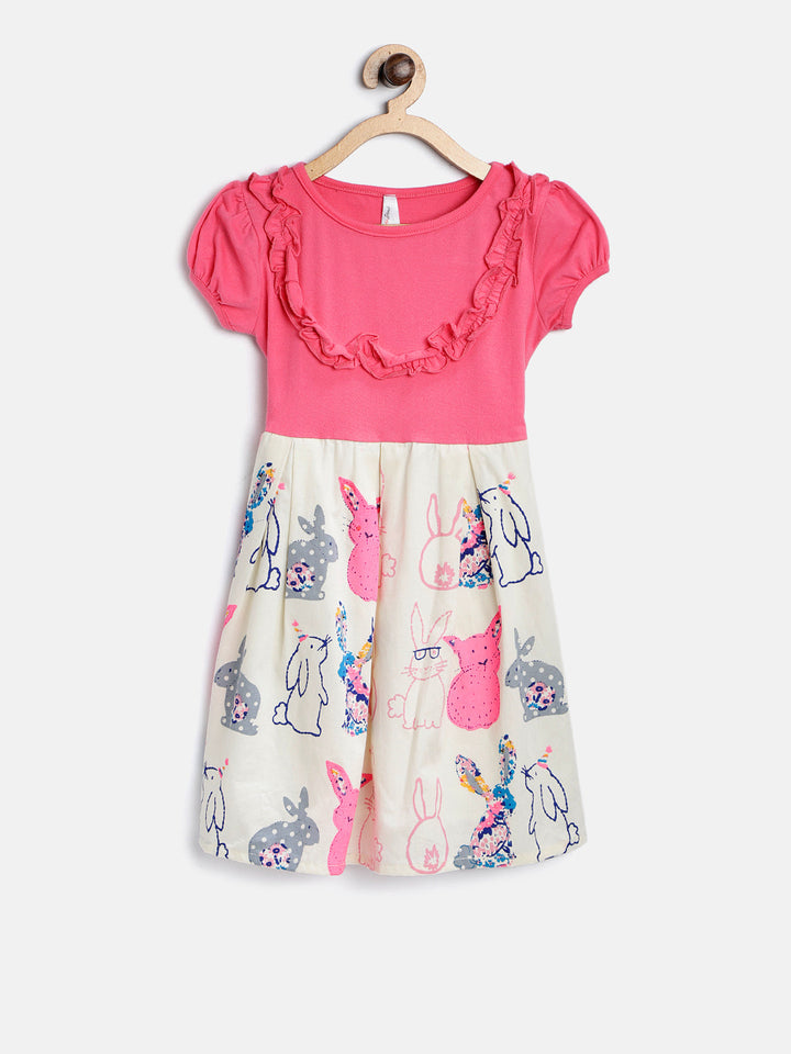 Girls Pink Cotton Dress With White Cat Print