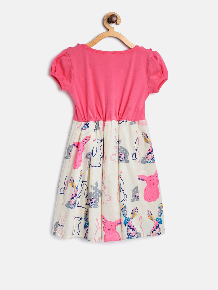 Girls Pink Cotton Dress With White Cat Print
