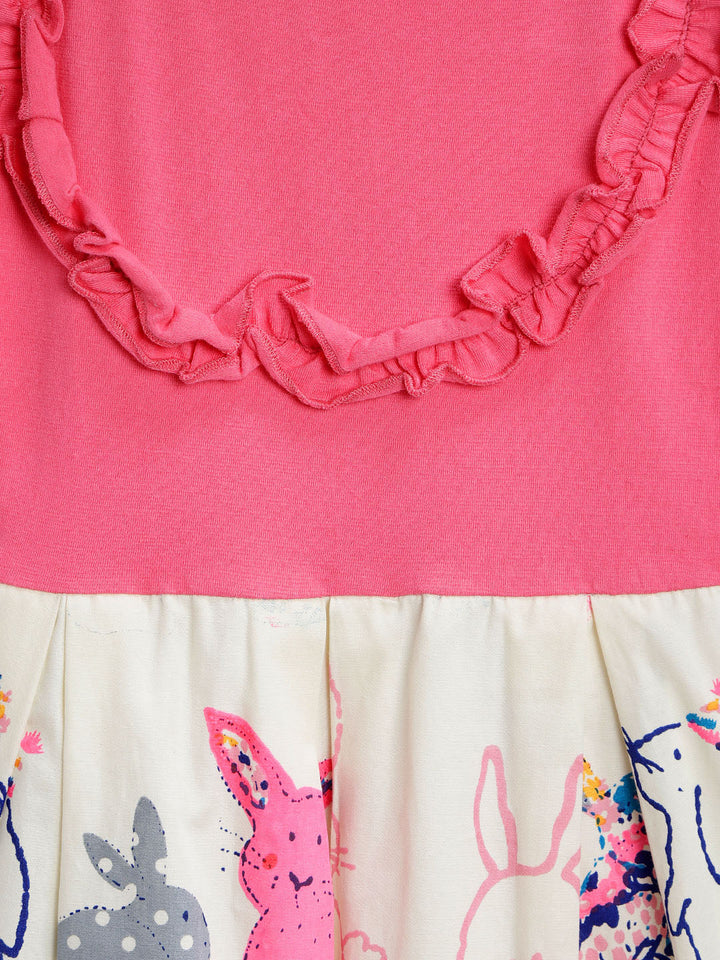 Girls Pink Cotton Dress With White Cat Print