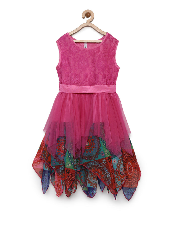 Girls Pink Polyester Printed Asymetrical Hemline Dress