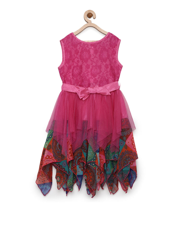 Girls Pink Polyester Printed Asymetrical Hemline Dress