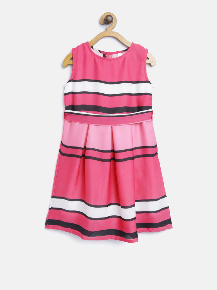Girls Pink Satin Striped Party Dress With Belt
