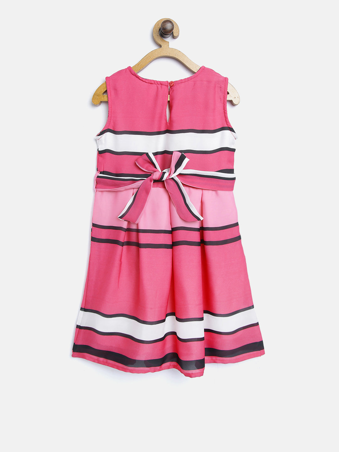 Girls Pink Satin Striped Party Dress With Belt