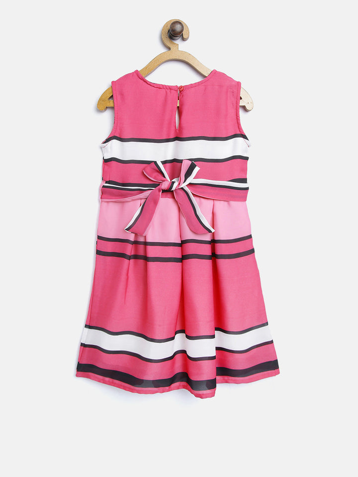 Girls Pink Satin Striped Party Dress With Belt