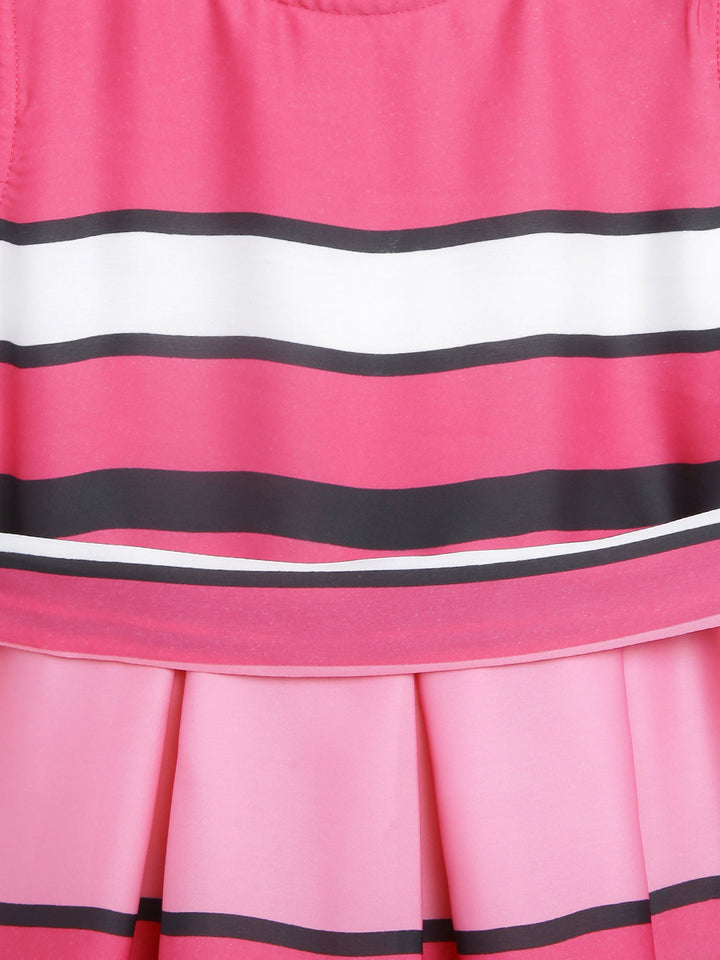 Girls Pink Satin Striped Party Dress With Belt