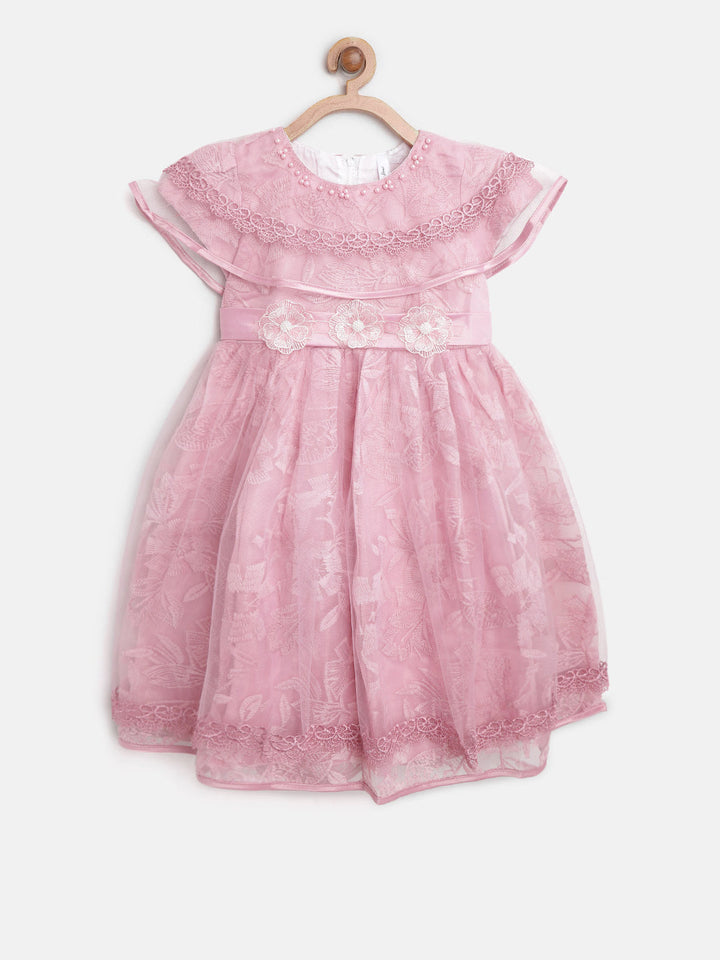 Girls Polyester Berry Pink Embellished Floral Dress