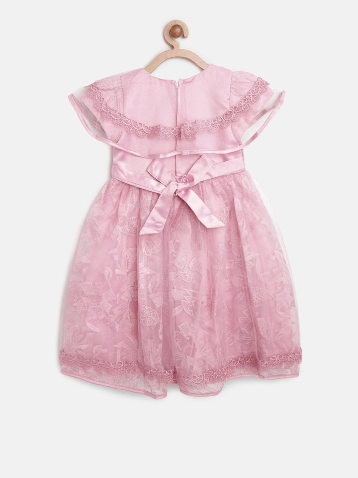 Girls Polyester Berry Pink Embellished Floral Dress